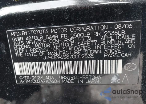 2007 Lexus Gs 350 z USA, uszkodzony, nr VIN JTHCE96S870002535